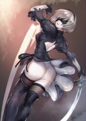 ass backless_outfit black_dress black_thighhighs blindfold breasts dress female female_focus hairband hidezi highres holding holding_sword holding_weapon leotard lips looking_at_viewer looking_back mole mole_under_mouth nier:automata nier_(series) short_hair skirt solo sword thighhighs thighs weapon white_hair white_leotard yorha_2b