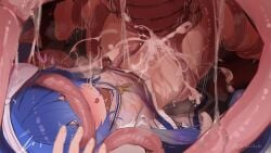 absurdres blue_hair blush bound bound_arms bound_legs commentary commission covered_eyes cum cum_in_pussy cum_on_body cum_on_stomach cum_overflow ejaculation female heart highres interspecies long_hair lying monster neckerchief nipples on_back open_mouth original pussy restrained sailor_collar school_uniform see-through_clothes serafuku sex shinkaiobake skeb_commission slime_(substance) spread_legs symbol-shaped_pupils tentacle tentacle_sex vaginal_penetration wavy_mouth wet white_sailor_collar
