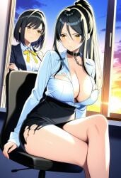 ai_generated aikawa_shuuko big_breasts black_body ecstas_online golden_eyes office office_lady ponytail