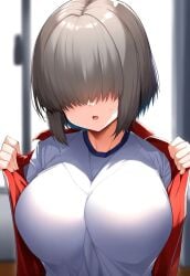 ai_generated artist_request gigantic_breasts grey_hair hair_over_eyes huge_breasts light-skinned_female light_skin massive_breasts short_hair shortstack solo_female t-shirt thick_body thick_female uzaki-chan_wa_asobitai! uzaki_yanagi voluptuous voluptuous_female