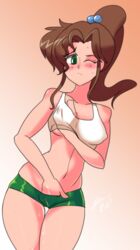 bigdeadalive bishoujo_senshi_sailor_moon blush breast_grab brown_hair clothed_masturbation clothing crop_top female female_only green_eyes hand_in_shorts long_hair makoto_kino masturbation navel no_bra ponytail pussy_juice short short_shorts shorts small_breasts solo sweat tank_top tied_hair wince