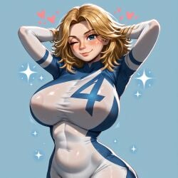 ai_generated allmightyeagle_(ame) arms_behind_head big_thighs blonde_female blonde_hair blonde_hair_female blue_bodysuit blue_eyes blush bodysuit cute fantastic_four freckles heart huge_breasts huge_thighs invisible_woman light-skinned_female light_skin looking_at_viewer marvel marvel_rivals nipples_visible_through_clothing patreon pov pov_eye_contact see-through smile smiling smiling_at_viewer sparkles standing standing_at_attention sue_storm thick thick_thighs white_bodysuit wink winking_at_viewer