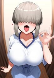 ai_generated artist_request blush fellatio_gesture gigantic_breasts grey_hair hair_over_eyes huge_breasts light-skinned_female light_skin massive_breasts short_hair shortstack solo_female t-shirt thick_body thick_female tongue_out uzaki-chan_wa_asobitai! uzaki_yanagi voluptuous voluptuous_female