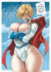 1girls absurd_res angry annoyed blonde_hair blue_eyes dc dc_comics english_text female female_only hi_res karen_starr light-skinned_female light_skin neroundead power_girl solo superheroine text thick_thighs thighs wide_hips