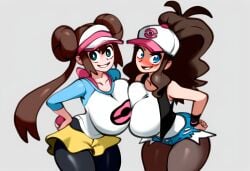 2girls ai_generated big_ass big_breasts breast_press breasts_bigger_than_head day hilda_(pokemon) huge_breasts large_breasts looking_at_viewer mullon novelai pokemon pokemon_bw pokemon_bw2 rosa_(pokemon) shorts top_heavy