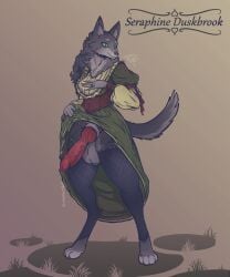absurd_res animal_genitalia animal_penis anthro breasts canid canine canine_genitalia canine_penis canis clothed clothing clothing_lift corset dress dress_lift dungeons_and_dragons elegant fantasy female fur futanari genitals green_eyes grey_body hasbro herm hi_res intersex knot knotted_penis legwear lingerie mammal medieval medieval_clothing medieval_fantasy pantyhose penis simple_background solo spoonfullofdirt topwear vein veiny_penis wizards_of_the_coast wolf