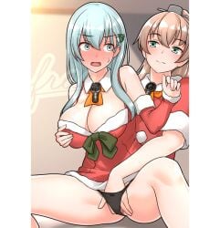 2girls aqua_hair ascot black_panties blush bow bow_panties breast_grab breasts brown_hair christmas christmas_outfit christmas_tree_hair_ornament covered_penetration dress female_masturbation female_only fingering fur-trimmed_dress fur_trim furaggu_(frag_0416) grabbing_another's_breast groping hair_ornament hairclip hand_in_another's_panties hand_in_panties hand_under_clothes hand_under_skirt kantai_collection kumano_(christmas_mode)_(kantai_collection) kumano_(kantai_collection) masturbation multiple_girls panties red_dress santa_costume spread_legs suzuya_(christmas_mode)_(kantai_collection) suzuya_(kantai_collection) underwear yuri