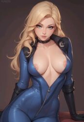 1girls 2025 ai_generated black_gloves blonde_hair blue_bodysuit blue_clothing blue_eyes bodysuit deviantart_link fantastic_four female female_only flowerxl heroine invisible_woman large_breasts light-skinned_female looking_at_viewer marvel marvel_comics marvel_rivals nipples nipples_peek no_bra no_bra_under_clothes solo sue_storm superheroine zipper zipper_down