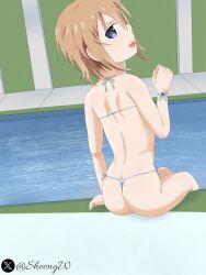 ass back_view blanc blanc_(neptunia) blue_eyes brown_hair choujigen_game_neptune microbikini neptunia neptunia_(series) sheong_wong short_hair