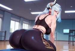 ai_generated ass_focus balecxi bare_shoulders black_sports_bra braid braided_ponytail earrings female genshin_impact gym hair_ornament huge_ass indoors large_breasts long_hair looking_at_viewer looking_back pants patreon_username shenhe_(genshin_impact) smile solo sports_bra thighs web_address yoga_pants