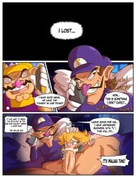 1boy1girl artlaccer_(artist) blowjob bottomless breasts breasts brown_hair cock comic dick english huge_cock large_breasts light_skin mario_(series) mario_tennis phone phone_call princess_daisy princess_peach waluigi wario