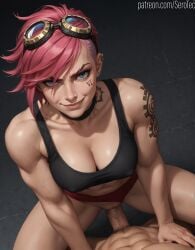 1female 1girls 2d ai_generated athletic athletic_female big_breasts blue_eyes cleavage covered_nipples cowgirl_position detailed_female female fit fit_female from_below girl googles hi_res high_resolution highres large_breasts league_of_legends muscular muscular_female nose_piercing piercing piercings pink_hair pony_diffusion_xltasy serotec short_hair smile smirk straight tattoo tattoos toned undercut vagina vaginal_penetration vaginal_penetration vaginal_sex vi vi_(league_of_legends) wearing_goggles