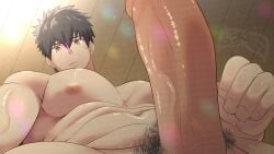 1boy abs black_hair doudanuki_masakuni eeee_san erect_nipples erect_penis erection male male_only muscles muscular muscular_male pecs pectorals penis pink_nipples pubic_hair solo solo_male touken_ranbu veiny_penis yellow_eyes