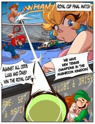 2boys 2girls artlaccer_(artist) blonde_hair blue_eyes brown_hair celebration celebrity clothing comic dialogue excited eyes_closed facial_hair female flower_earrings gloves green_hat green_shirt hat light-skinned_female light-skinned_male light_skin luigi male mario mario_(series) mario_tennis nintendo open_mouth outdoors overalls princess princess_daisy princess_peach royalty shorts tennis_ball tennis_court