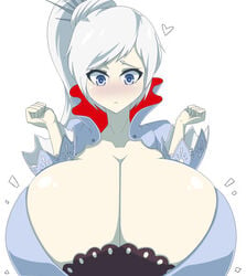 blush blushing breasts cleavage clothed deep_cleavage huge_breasts pale-skinned_female pale_skin rwby sinensian vale_outfit weiss_schnee weiss_schnee_(vale)