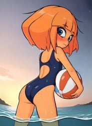 1girls ai_generated ass ass_focus blush mymy_schoppenboer ocean ongezellig swimsuit swimwear wet