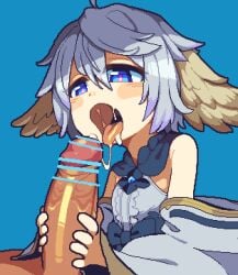 1boy after_fellatio bar_censor blue_background blue_eyes censored commentary_request cum cum_in_mouth cum_string female granblue_fantasy grey_hair head_wings highres open_mouth osimder penis_grab pixel_art shirt simple_background sleeveless sleeveless_shirt solo_focus straight tongue tongue_out wamdus_(granblue_fantasy) wings