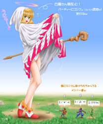 :d blonde_hair blue_eyes blush bow bow_panties confused dress dress_lift eichikei_(hakuto) exhibitionism female final_fantasy final_fantasy_i flashing flashing_panties giant giantess grass halo hood human male miniboy ninja open_mouth panties partially_translated ranger shoes short_hair skirt skirt_lift smile staff status_effect thief translation_request underwear warrior white_mage white_panties