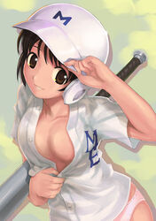 1girls baseball baseball_bat baseball_helmet blouse bottomless breasts brown_eyes brown_hair cleavage cute female helmet major major_(series) mikazuki_akira no_bra no_pants open_clothes open_shirt panties pink_panties shimizu_kaoru shirt short_hair sketch small_breasts smile solo standing tomboy unbuttoned underwear undressing white_panties