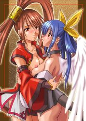 2girls ass asymmetrical_wings bare_shoulders blue_hair blush bow breast_press breasts brown_hair choker cleavage clothes detached_sleeves dizzy_(guilty_gear) eye_contact female guilty_gear hair hair_ornament hairbow kuradoberi_jam long_hair looking_at_another multiple_girls no_bra no_panties open_clothes open_shirt shirt tail tied_hair twintails very_long_hair wings yuri