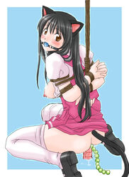 1girls anal anal_beads anal_insertion animal_ear arms_behind_back artist_r artist_request ball_gag black_hair blue_ball_gag blush bondage bound bound_arms bound_wrists box_tie breasts breasts_out brown_eyes dildo double_insertion female femsub gag gagged insertion long_hair looking_at_viewer looking_back looking_back_at_viewer nipples no_bra no_panties no_underwear one_breast_out pussy restrained rope rope_bondage shoes simple_background sitting thighhighs tied_up vaginal vaginal_insertion vaginal_penetration wrists_tied_together