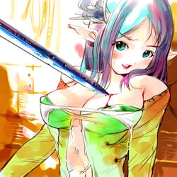 bleeding blood breasts elf erect_nipples igarasy injury pointy_ears sword weapon wound