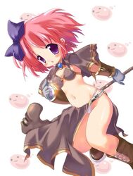 blush boots bow bra bracer dress gloves hair_ribbon hairbow lingerie mage mage_(ragnarok_online) open_clothes panties pantyshot poring purple_eyes ragnarok_online red_hair short_hair solo staff underwear white_panties