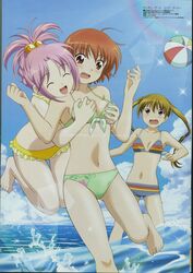 3girls :o ^_^ ahoge amisaki_ryouko ball barefoot beach beach_ball bikini blonde_hair blue_eyes blush bob_cut breast_grab breasts brown_hair cleavage closed_eyes cloud crease feet flat_chest frilled_bikini frills front-tie_top groping hair_bobbles hair_ornament happy highres jan-puu jumping kashimashi kurusu_tomari lens_flare long_hair megami_magazine multiple_girls official_art open_mouth osaragi_hazumu outdoors ponytail purple_hair red_eyes red_hair scan short_hair shorts sky smile splash splashing standing striped striped_bikini striped_swimsuit surprised surprised_arms swimsuit tied_hair toes twintails wading water wet