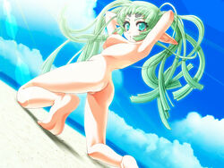 4:3 arms_up ass barefoot beach beige_skin breasts color cyan_eyes day demonbane elf female female_only green_hair hair hands_behind_head kneeling long_hair looking_back nude ocean open_eyes outdoors pointy_ears pussy robot sideboob sky solo sunlight vulva water