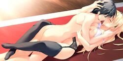 aijou beige_skin black_hair blonde_hair bra bra_lift breasts censored closed_eyes couple female game_cg garter_belt hips kissing leg_hug leg_lock lingerie long_hair mikeou miraroma missionary mosaic_censoring nipples seihouin_erika sex thick_thighs thighhighs thighs underwear wide_hips