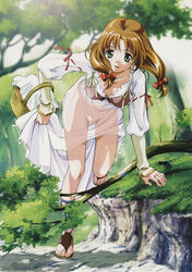 basket bra brown_hair clothing dress forest green_eyes jewelry lingerie mew_(words_worth) nature no_panties photoshop ribbon rin-sin ring sandals see-through solo underwear words_worth