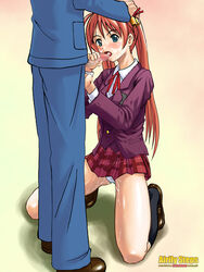 age_difference ball_caress bell black_kneehighs black_legwear blazer blue_eyes blush bukkake caressing_testicles censored clothing color cum cum_in_mouth cum_inside dress_shirt facial fellatio female footwear head_grab heterochromia kagurazaka_asuna kneehighs kneeling long_hair maachin maaran mahou_sensei_negima mahou_sensei_negima! male mosaic_censoring negi_springfield older_female open_mouth oral orange_hair panchira_sit panties pantyshot pantyshot_(kneeling) pantyshot_(sitting) pantyshot_sitting penis plaid plaid_skirt ribbon school_uniform shirt shoes sitting skirt socks spread_legs tartan tied_hair twintails underwear white_panties younger_male