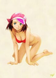 1girls aqua_eyes barefoot bikini bikini_top bottomless breasts brown_hair cleavage eureka_7 eureka_seven eureka_seven_(series) feet female gidget_(eureka_seven) hat high_resolution kobayashi_yuji kobayashi_yuuji no_panties short_hair simple_background smile soles solo swimsuit toes