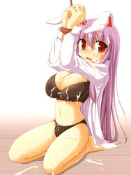 1girls animal_ear barefoot bondage bound_wrists bra breasts bunny_ear cleavage cruelty_to_animals cum female kurikara large_breasts lingerie long_hair open_clothes open_shirt panties purple_hair red_eyes reisen_udongein_inaba rope seiza shirt sitting solo touhou underwear