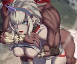 1boy animated bent_over blue_eyes bouncing_breasts breasts breasts_out clothed_female_nude_male dark-skinned_male dark_skin doggy_style female horns hug hug_from_behind kirin_(armor) kumiko_(aleron) lowres mask medium_breasts monster_hunter muscle nipples nude open_mouth rape sex strapless tubetop tubetop_lift white_hair