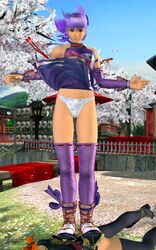 3d ayane_(doa) cherry_blossoms dead_or_alive dead_or_alive_4 detached_sleeves female female_only footwear headband high_resolution human multiple_females ninja outdoors panties print_panties purple_hair purple_legwear purple_thighhighs red_eyes sandals short_hair skirt skirt_lift socks thighhighs trample underwear wind wind_lift