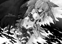 1girls asymmetrical_wings blush breasts bukkake cum dizzy_(guilty_gear) female guilty_gear kneeling large_breasts long_hair miwa_yoshikazu monochrome ribbon solo tail tail_ribbon tear thigh_gap thighhighs thighs very_long_hair wings yoshikazu_miwa