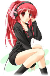 footwear headphones long_hair lowres onda_aka oversized_clothes ponytail red_eyes red_hair ribbon short_dress simple_background sitting socks solo sweater tied_hair tomo_no_shippo