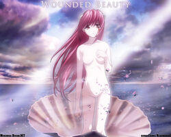 1girls blood crossover elfen_lied female female_focus female_only fine_art_parody horns long_hair lucy_(elfen_lied) naked no_nipples nude parody pink_hair public_domain shell solo the_birth_of_venus wallpaper watermark