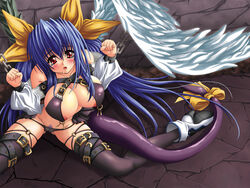 1girls asymmetrical_wings bare_shoulders beltbra black_legwear black_panties black_thighhighs blue_hair bondage boots bow breasts chains cleavage dizzy_(guilty_gear) female guilty_gear hairbow huge_breasts long_hair lowleg lowleg_panties nipple_piercing nipple_rings nipples open_mouth panties piercing pubic_hair red_eyes ribbon saliva sitting solo spread_legs tail tail_ribbon thigh_strap thighhighs tied_hair twintails underwear very_long_hair wings