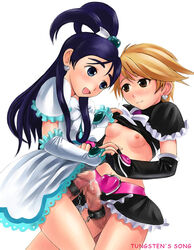 2girls bondage bound_together bow breasts brown_eyes brown_hair censored chains clothing cum cure_black cure_white dickgirl dress duo earrings elbow_gloves erection flat_chest futanari futari_wa_precure futari_wa_pretty_cure gloves intersex jewelry long_hair magical_girl midriff mimura_kaoru misumi_nagisa multiple_subs nipples penis penis_cuff penis_ornament penises_touching precum precure pretty_cure purple_eyes purple_hair short_hair skirt text touching yukishiro_honoka