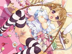 alice_in_wonderland alice_liddell animal_ear apron bangs braid breasts brown_hair bunny_ear cake candle candy censored chair checkered cup food fruit grapes light_brown_hair lollipop long_hair melon muffin open_mouth pastry plate purple_eyes pussy sandwich short_hair spread_legs strawberry striped striped_legwear striped_thighhighs tea teacup teapot thighhighs twin_braids