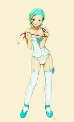 blue_hair blue_panties bustier eureka eureka_7 eureka_seven eureka_seven_(series) hair_ornament hairclip highres kobayashi_yuji kobayashi_yuuji lingerie looking_at_viewer mary_janes panties purple_eyes shoes short_hair socks solo standing stethoscope thigh_socks thighhighs underwear white_socks