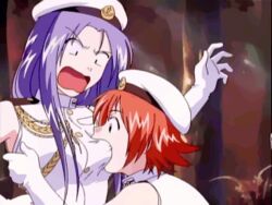 2girls :o animated beret bite biting blue_eyes blue_hair braid breast_biting breasts cap female female_only gloves hat honda_sarasa hug lime-iro_senkitan long_hair lowres motion_blur open_mouth qvga raimuiro_senkitan red_hair sanada_momen screencap short_hair single_braid sleeveless sleeveless_shirt small_breasts subtitled surprised text turtleneck uniform very_long_hair what