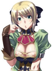 blonde_hair breast_squeeze breasts cassandra_alexandra cleavage female female_only green_eyes human kansuke nipple_slip nipples no_bra solo soul_calibur soul_calibur_ii