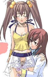 2girls blush brown_hair closed_eyes clothing corona_(kannazuki_no_miko) female female_only forced_orgasm hair_bobbles kannazuki_no_miko midriff multiple_girls navel oekaki oota_reiko open_mouth pubic_hair pussy tied_hair twintails vibrator