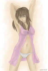 armpits arms_up blue_eyes breasts brown_hair dead_or_alive female female_only hitomi_(doa) human lingerie navel negligee nightgown nightie panties see-through solo standing stretch tecmo underwear white_panties