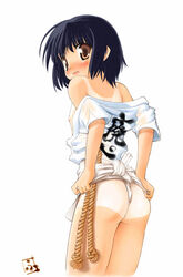 ass black_hair blush brown_eyes flat_chest fundoshi happi japanese_clothes kimono looking_back short_hair tan tanline yamakasa