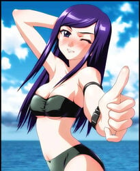 1girls armband azumi_amane bandeau bikini blue_eyes blush breasts cleavage female kuga_natsuki large_breasts long_hair mai_hime my-hime purple_hair small_breasts solo soshina_nohito swimsuit thumbs_up underboob water wink