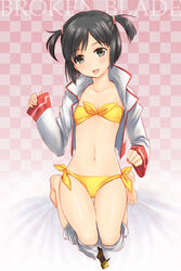 barefoot bikini black_eyes black_hair blush bra broken_blade female fringe_hair happy jacket navel nike_(break_blade) open_mouth pale-skinned_female panties pants_down petite rakuto_mangan short_hair small_breasts thighs twintails yellow_bikini yellow_bra yellow_panties